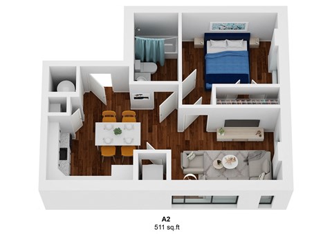 Floor plan for 1 bed, 1 bath, 596 sqft